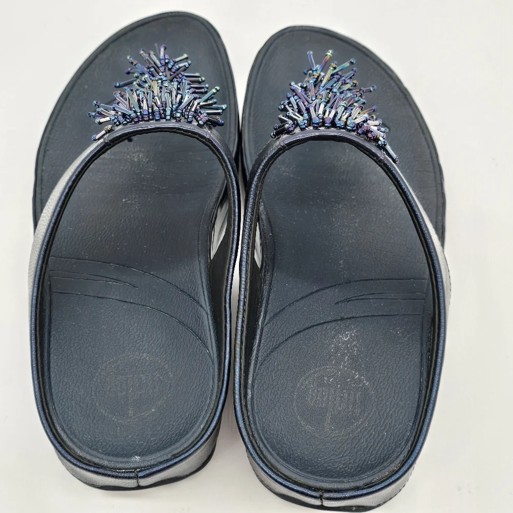 FitFlop Cha Cha Rumba Sandals Sz 8 Blue Leather Beaded Fringe Thong Platform - Picture 4 of 14